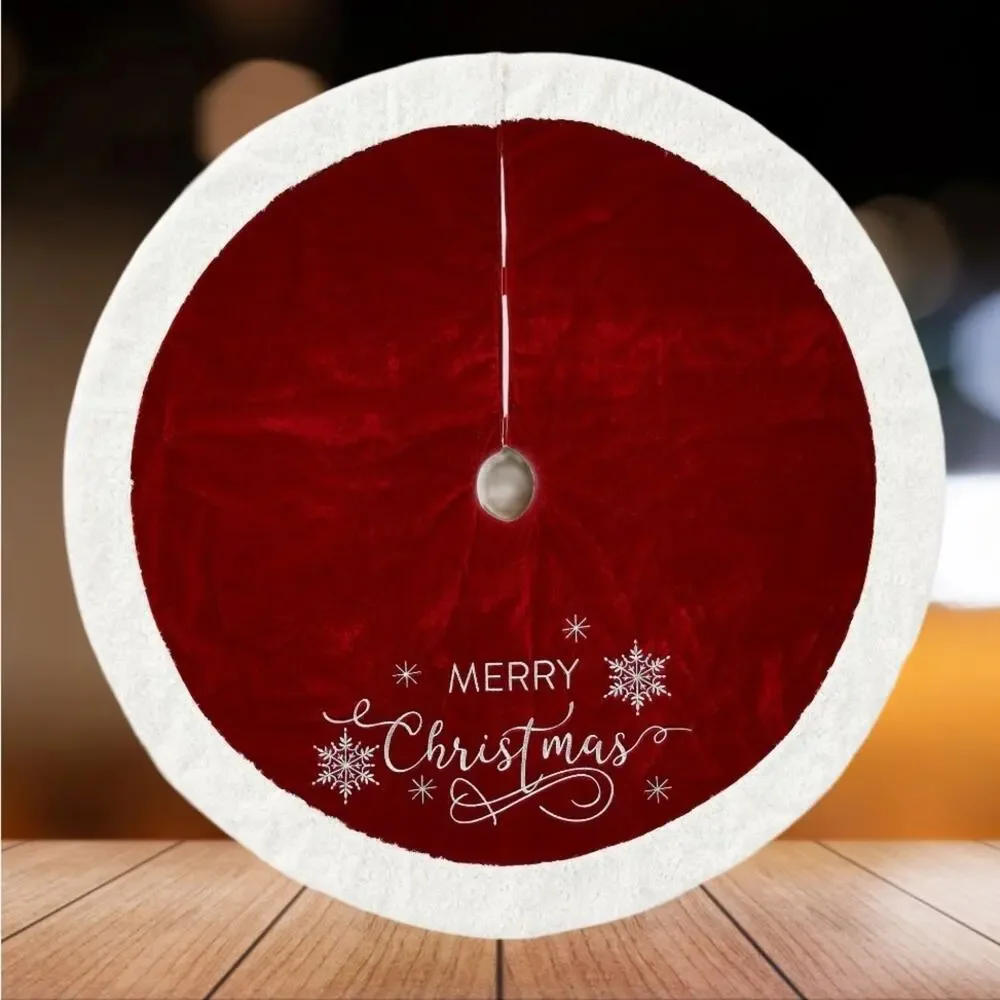 NEW! Holiday Time Burgundy Velvet Merry Christmas Tree Skirt, 48
